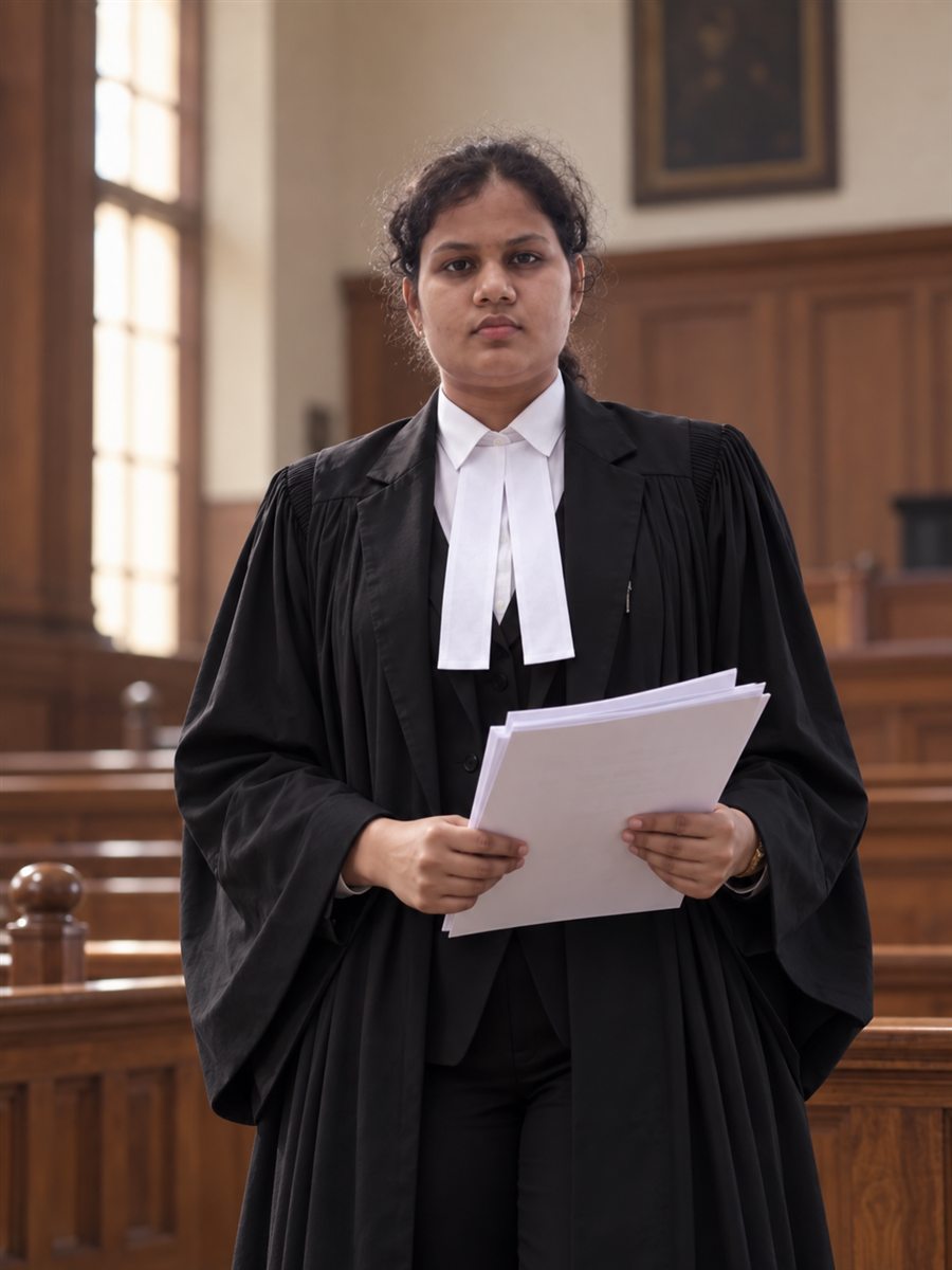 Advocate in courtroom holding legal documents