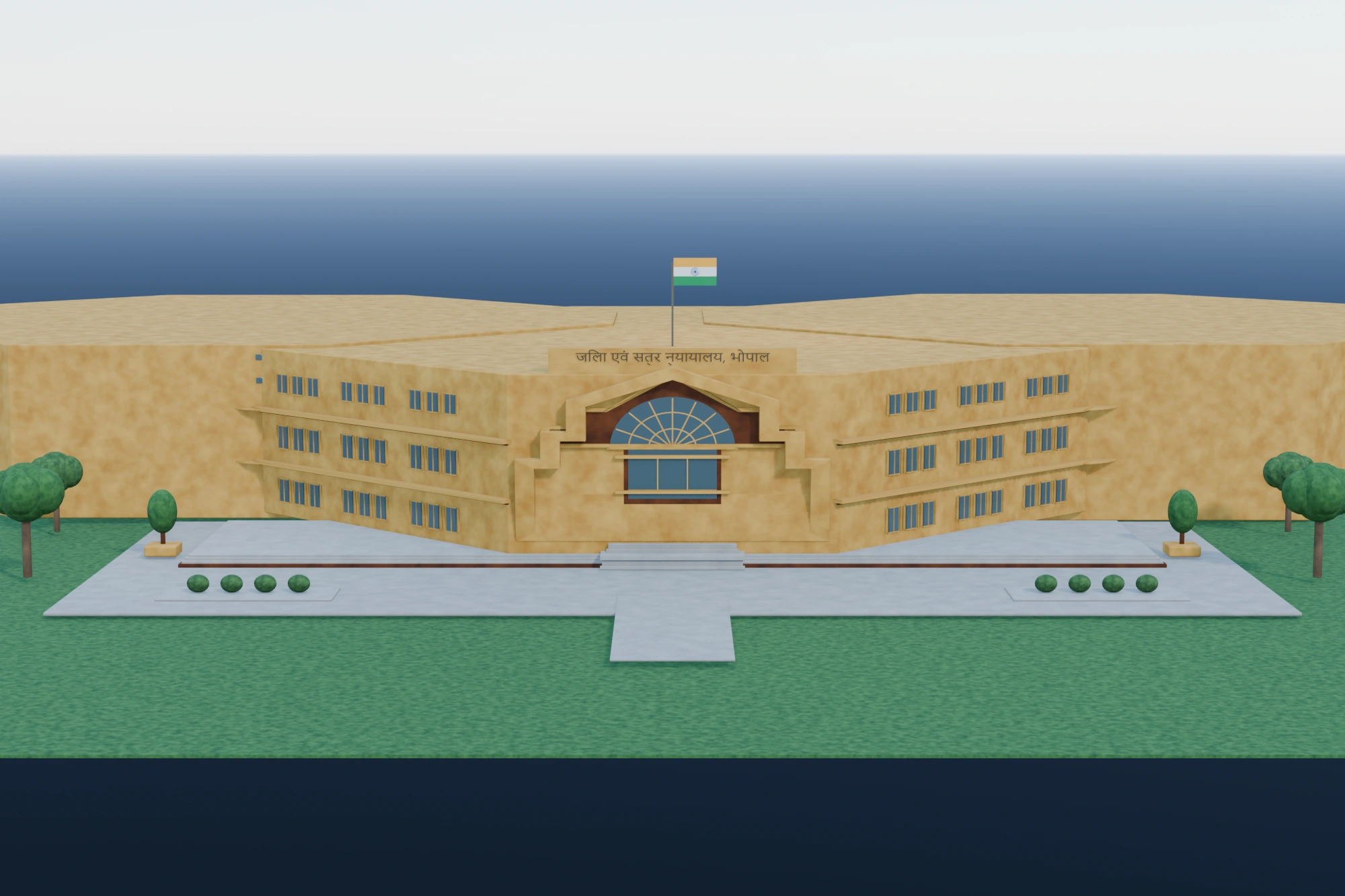 Cinematic architectural render of District Court, Bhopal